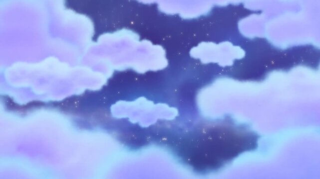 Panning slow tracking shot of pastel clouds drifting across starry night sky above horizon with soft glowing purple and blue tones, gentle sparkles and serene atmosphere