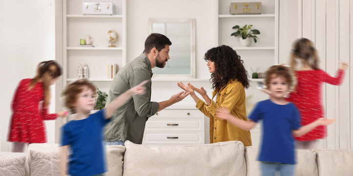 Family with hyperactive children. Kids having fun while parents arguing