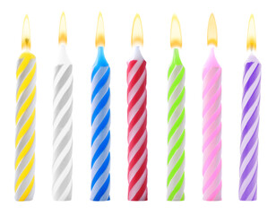 Obraz premium Burning birthday candles on transparent background, set