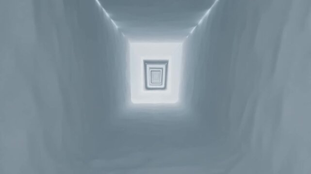 Tracking shot of rectangular tunnel receding through interior corridor with repeating frames and diffused light in minimalist indoor passageway moving forward