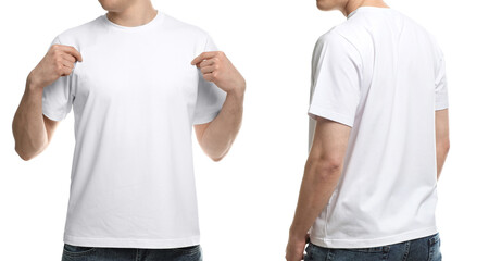 Young man wearing t-shirt against white background, closeup. Collage