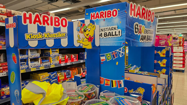 Nussdorf, Germany - May 15, 2026. The Haribo 2026 FIFA World Cup promotion stand in Kaufland.