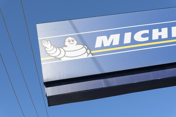 Obraz premium road side signs of Michelin, a French multinational tyre manufacturer, located here at Dufferin Motors & Tires, 2325 St Clair Av W, Toronto