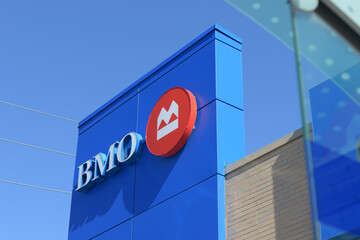 Naklejka premium exterior building facade and sign of BMO Bank of Montreal located in SmartCentres, 2471 St Clair Av W, Toronto