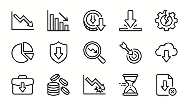 Set of business and finance icons focusing on decline, loss, and negative trends, thin line style