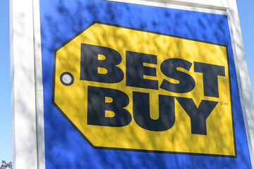 Naklejka premium close-up of sign on St Clair Av W of Best Buy, an electronics store chain, located here at 10 Old Stock Yards Rd, Toronto