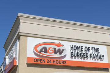 Naklejka premium exterior building and sign of A&W, a hamburger restaurant chain, located at 2151 St Clair Av W, Toronto