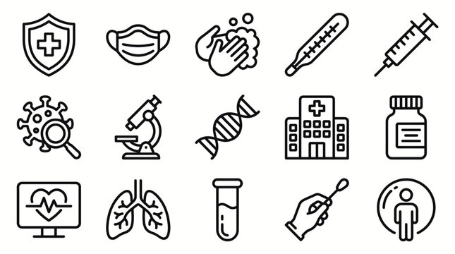 Set of medical and healthcare icons, shield, mask, hand washing, thermometer, syringe, virus, microscope, dna, hospital, medicine, heart monitor, lungs, test tube, swab, protection, vector line icons