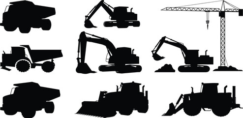 Construction heavy machinery silhouette vector set, excavator bulldozer dump truck icons, industrial building equipment graphics, tower crane isolated black illustrations, © RABBI