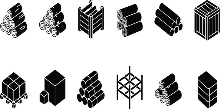 Isometric wood logs and cargo boxes vector set, timber lumber stacks, wooden crate pallets, industrial warehouse storage icons, isolated black illustrations,