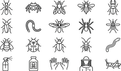 Black and white vector illustration set featuring various insects, pests, and common household objects in simple line art style. © jannat Stock