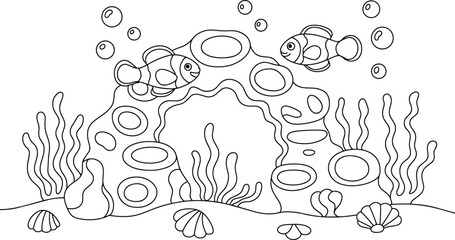 Undersea world landscape illustration with 2 smiling clownfish, coral reef, seaweed, seashells, and bubbles, and marine life, coloring book © Pappu0099