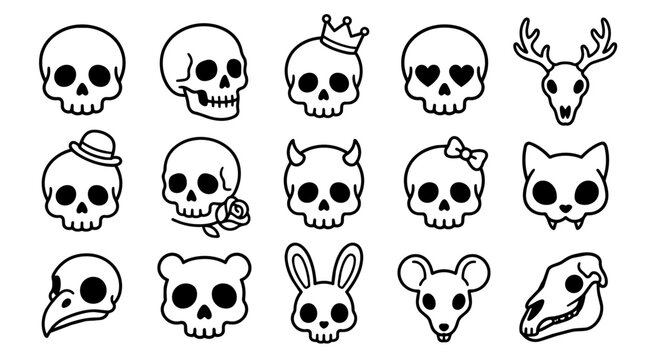 Collection of cute cartoon human and animal skull designs