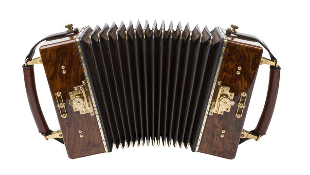 Isolated vintage concertina musical instrument with ornate wooden body and leather straps