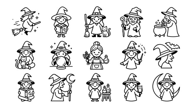 Cute magic witch character icon set