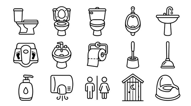 Restroom and Toilet Fixtures Line Icons Set