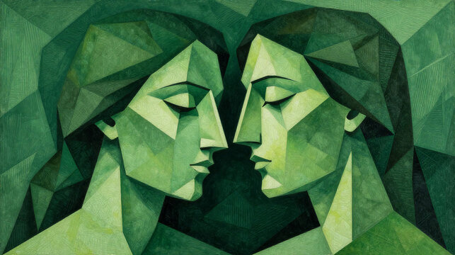Cubist portrait, green monochrome faces, geometric shapes, abstract art, modern illustration