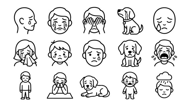 Crying and sad people and dog emotions icon set