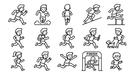 Naklejka premium Line art people running activities set