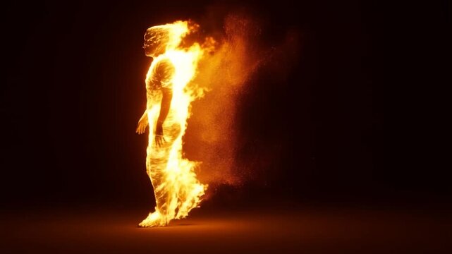 Slow motion static shot of human figure engulfed in flames slowly rising on dark studio floor with glowing embers and smoke