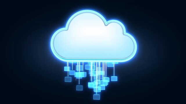 Static shot of digital cloud icon releasing cascading data cubes and streaming blocks into virtual network interface against dark background