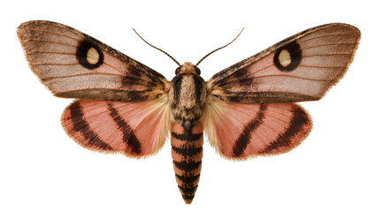 Isolated large underwing moth with brown forewings and striking pink hindwings and eyespots © David