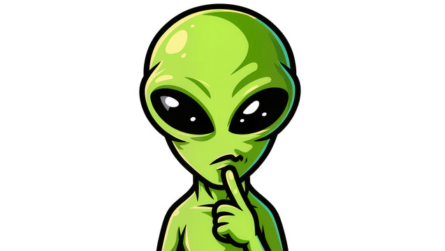 Green alien with finger on lips, isolated on transparent background