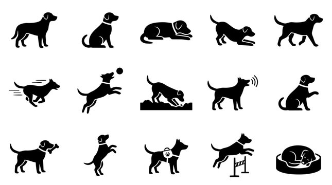 Dog poses and actions icon set