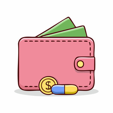 Pink wallet with money, coin and medicine capsule