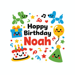 Naklejka premium Hoppy birthday noah cute animal balloon and party celebration design with birthday celebration greeting invitation anniversary celebratory
