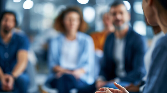 Defocused faceless participants in lively group discussion with varied expressions, soft focus conversation, blurred interaction, animated discussion, with copy space