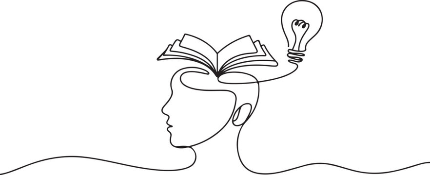 Head with open book and lightbulb continuous line drawing.one line vector illustration