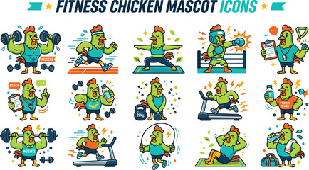 Fototapeta premium Cute Fitness Chicken and Rooster Mascot Icon Set Featuring Gym Workout Exercise Bodybuilding Weightlifting Running Boxing and Yoga Characters on White Background