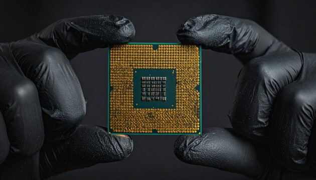 Close-up of gloved hands holding a computer processor chip