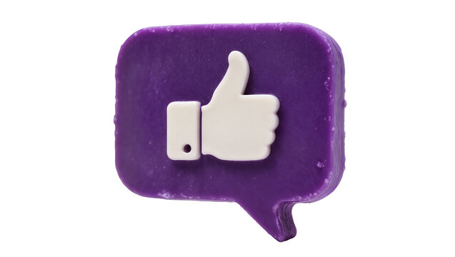 Purple speech bubble with white thumbs up icon, isolated on transparent background