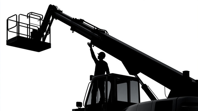 Telescopic faceless handler silhouette against white background, extended reach concept, handler position, silhouette art, with copy space
