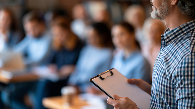 Defocused faceless instructor demonstrating technique to attentive community center class, soft focus teaching moment, instruction activity, blurred background, with copy space