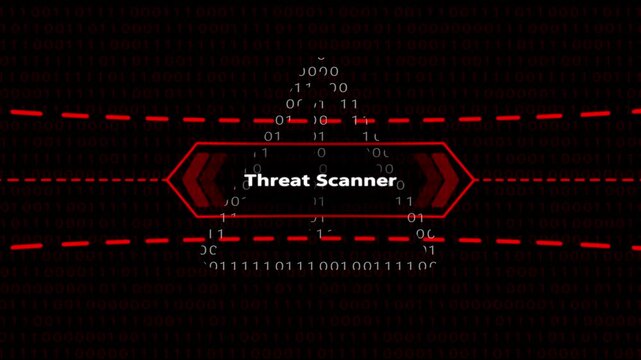 Cybersecurity threat scanner interface with binary code data stream and digital warning overlay data security