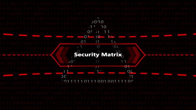 Security matrix digital interface with binary code data stream and red hud overlay