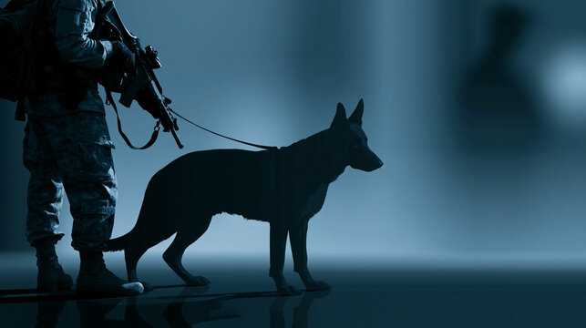 Military soldier and K9 service dog silhouettes tactical army handler with German Shepherd set, police canine unit vector illustrations, military graphics, tactical team, with
