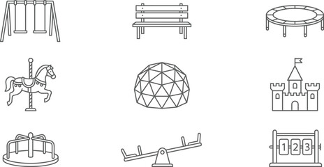 Children playground and park amusement linear icon set including swing bench trampoline carousel dome seesaw, © Munnat