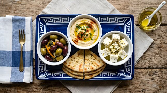 Appetizer platter with hummus olives and feta cheese served with toasted pita bread on blue decorative serving tray.