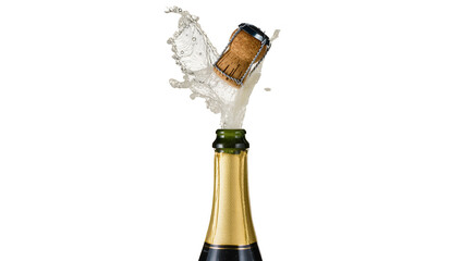 Isolated effervescent champagne bottle explosion with cork and sparkling liquid splash © Aoife