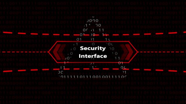 Digital security interface hud with red binary code data stream background