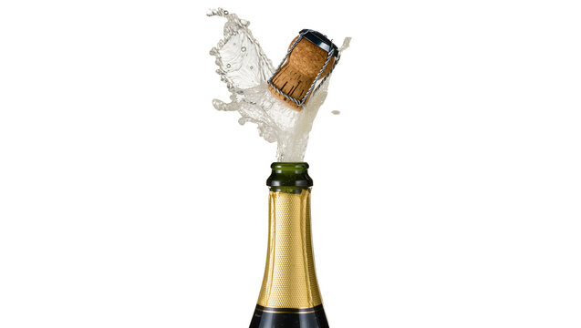 Isolated effervescent champagne bottle explosion with cork and sparkling liquid splash