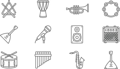 Musical instruments and sound equipment linear icon set featuring drum trumpet microphone speaker saxophone amplifier, © Munnat