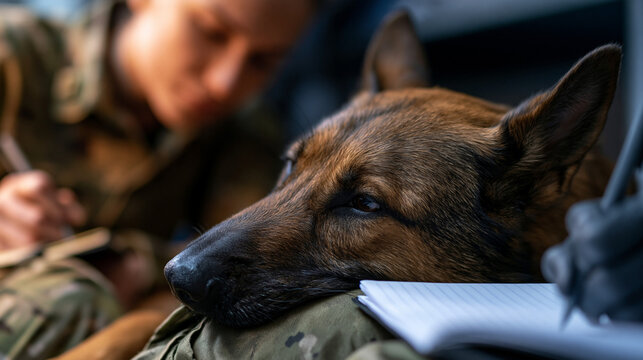 Military working dog resting head on faceless handler's knee inside barracks bunkroom, handler writing in journal, emotional bond between soldier and canine, service animal