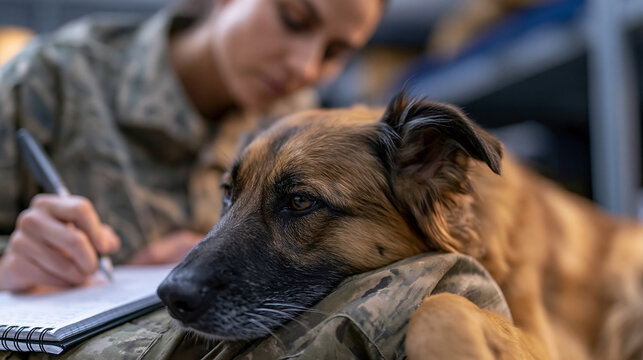Military working dog resting head on faceless handler's knee inside barracks bunkroom, handler writing in journal, emotional bond between soldier and canine, service animal