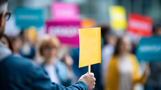 Defocused faceless participants holding community banners or signs with messages, soft focus display, blurred signage, community messaging, with copy space