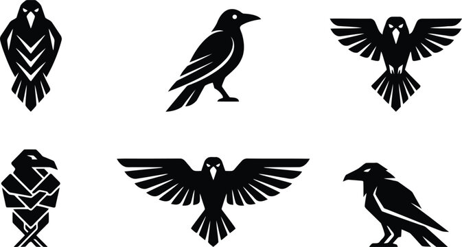 Black Crow Raven Bird Fly Art Sign Vector Icon Logo Set